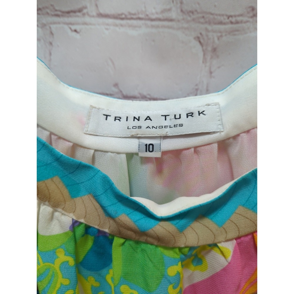 Trina Turk 10 womens silk floral dress lined short sleeve pink blue‎ green - Picture 4 of 12
